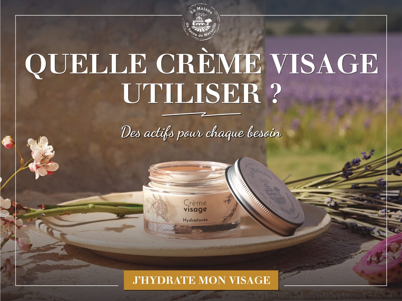 Newsletter-Header: Quelle crème visage utiliser, Gesichtscreme vor Lavendelfeld