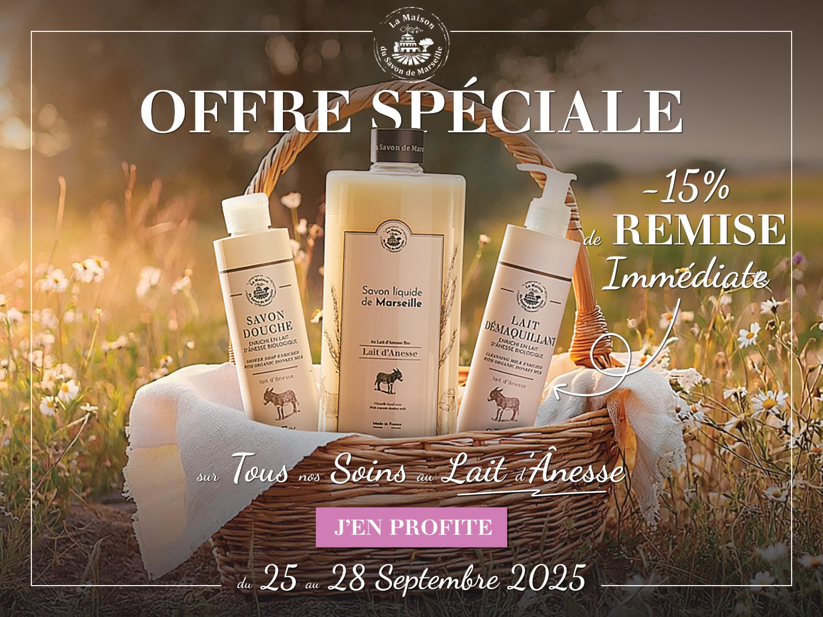 Newsletter-Header: Offre Spéciale minus 15 Prozent auf Lait d'Ânesse, Korb im Blumenfeld