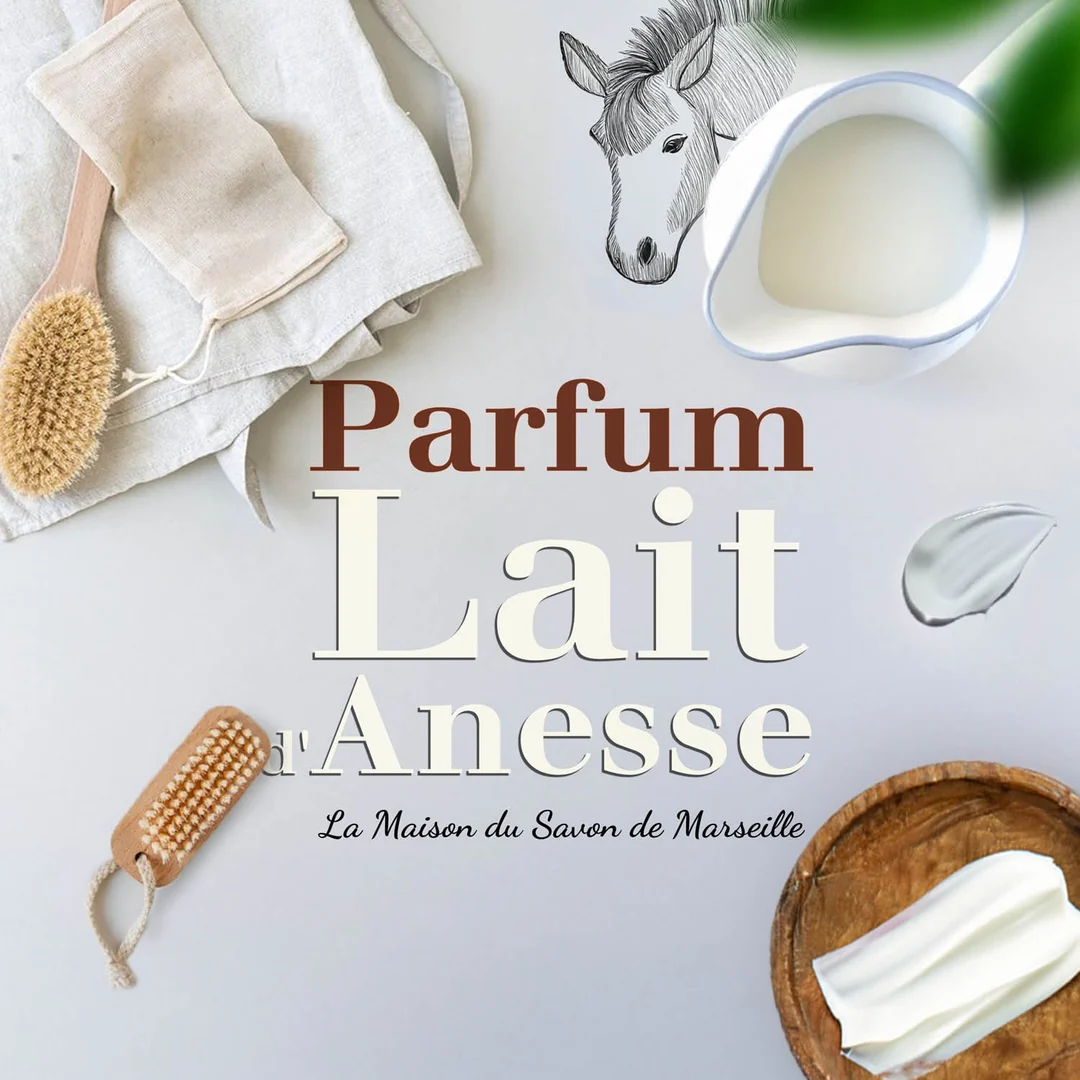 Shop-Visual: Parfum Lait d'Anesse, Flatlay mit Bürste, Milchkrug und Creme