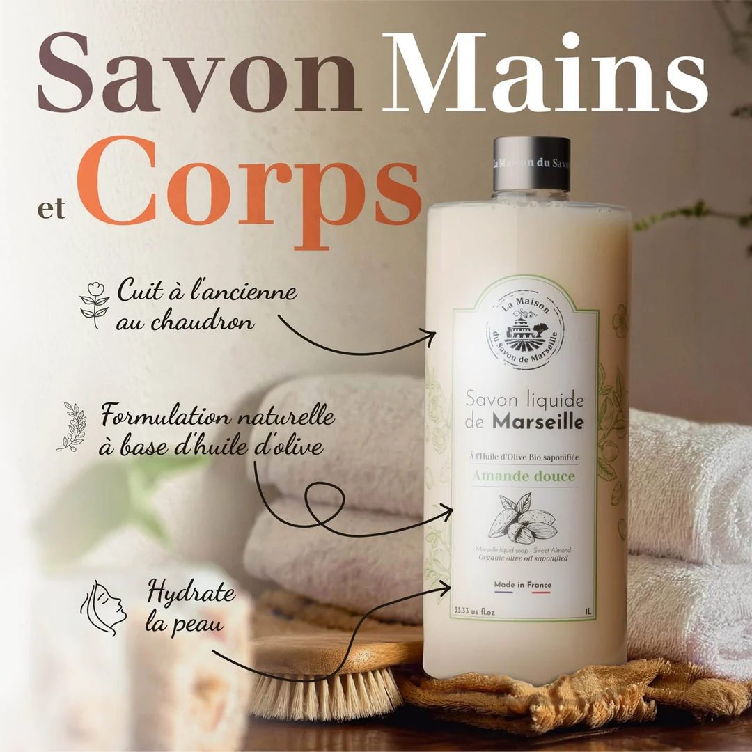 Shop-Visual: Savon Mains et Corps, Flüssigseife mit Handtüchern und Bürste