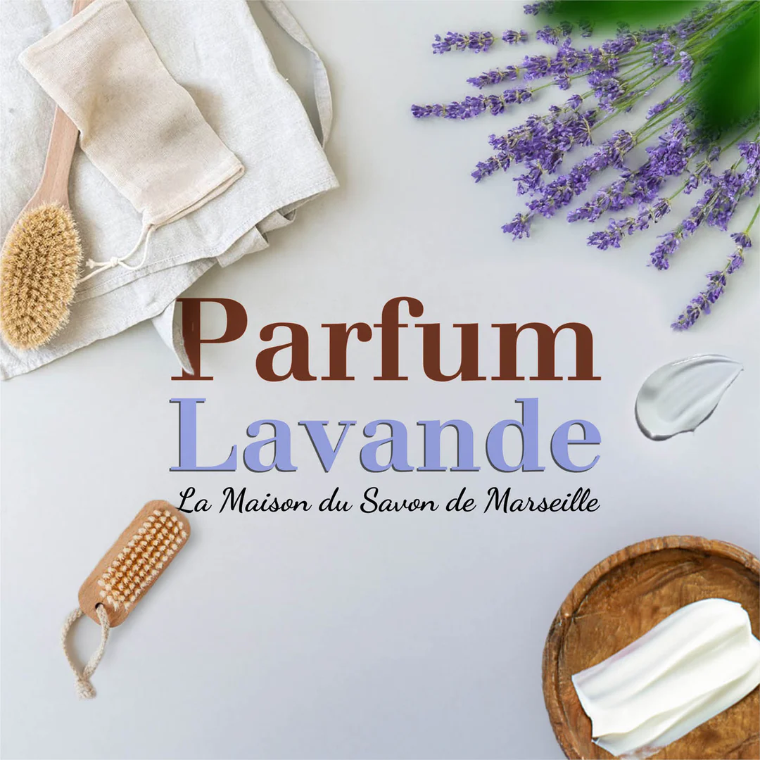 Shop-Visual: Parfum Lavande, Flatlay mit Lavendel und Bürste