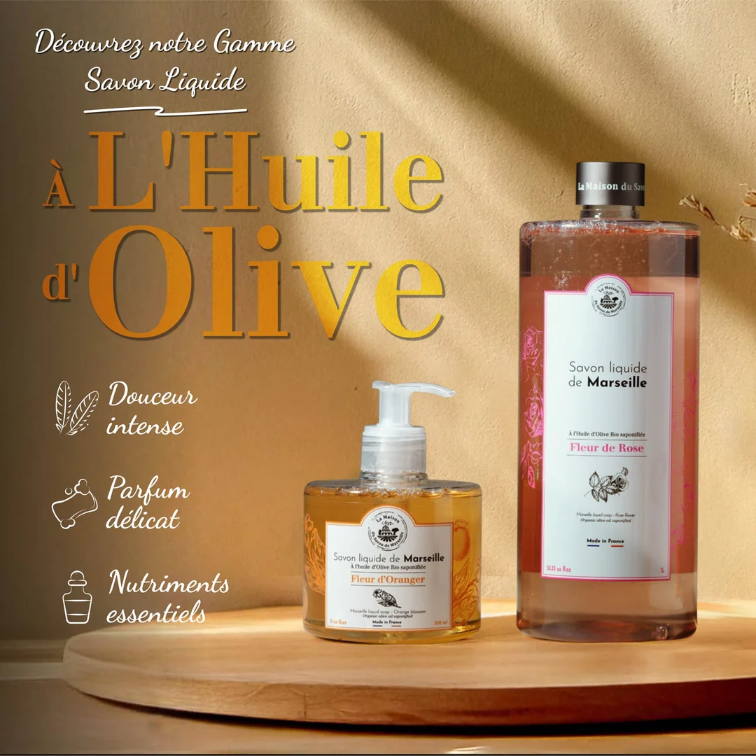 Shop-Visual: Flüssigseifen mit Olivenöl, Fleur de Rose und Fleur d'Oranger